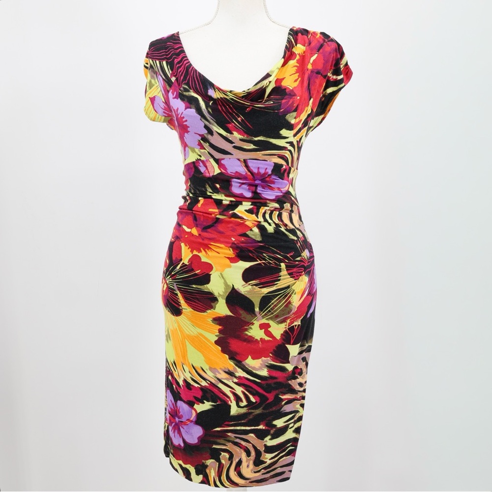 Cache XS Tropical Floral Ruched Bodycon Dress Cowl Neck Multicolor Y2K